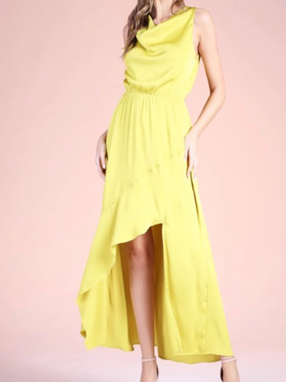 Tyche Yellow Green Cowl Neck Satin Dress Elastic Waist High Low Size M